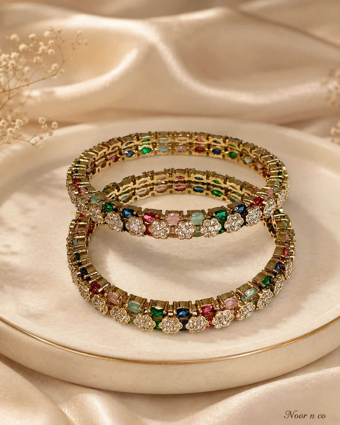 Multicolor CZ Flower Gold Tone Bangle Set Size 2.10 Indian Pakistani Jewelry