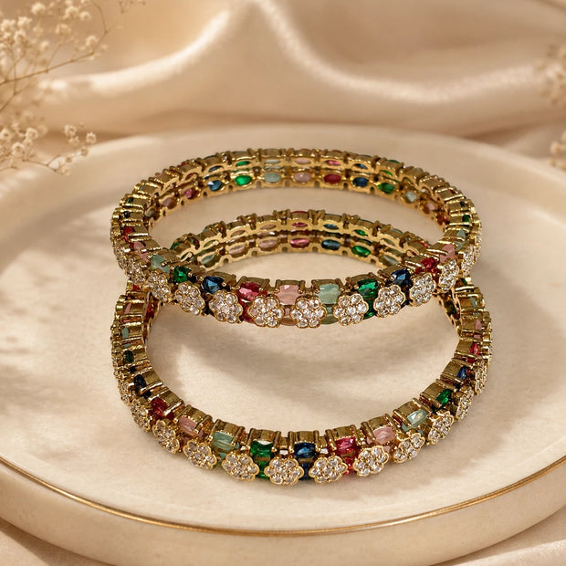 Multicolor CZ Flower Gold Tone Bangle Set Size 2.10 Indian Pakistani Jewelry