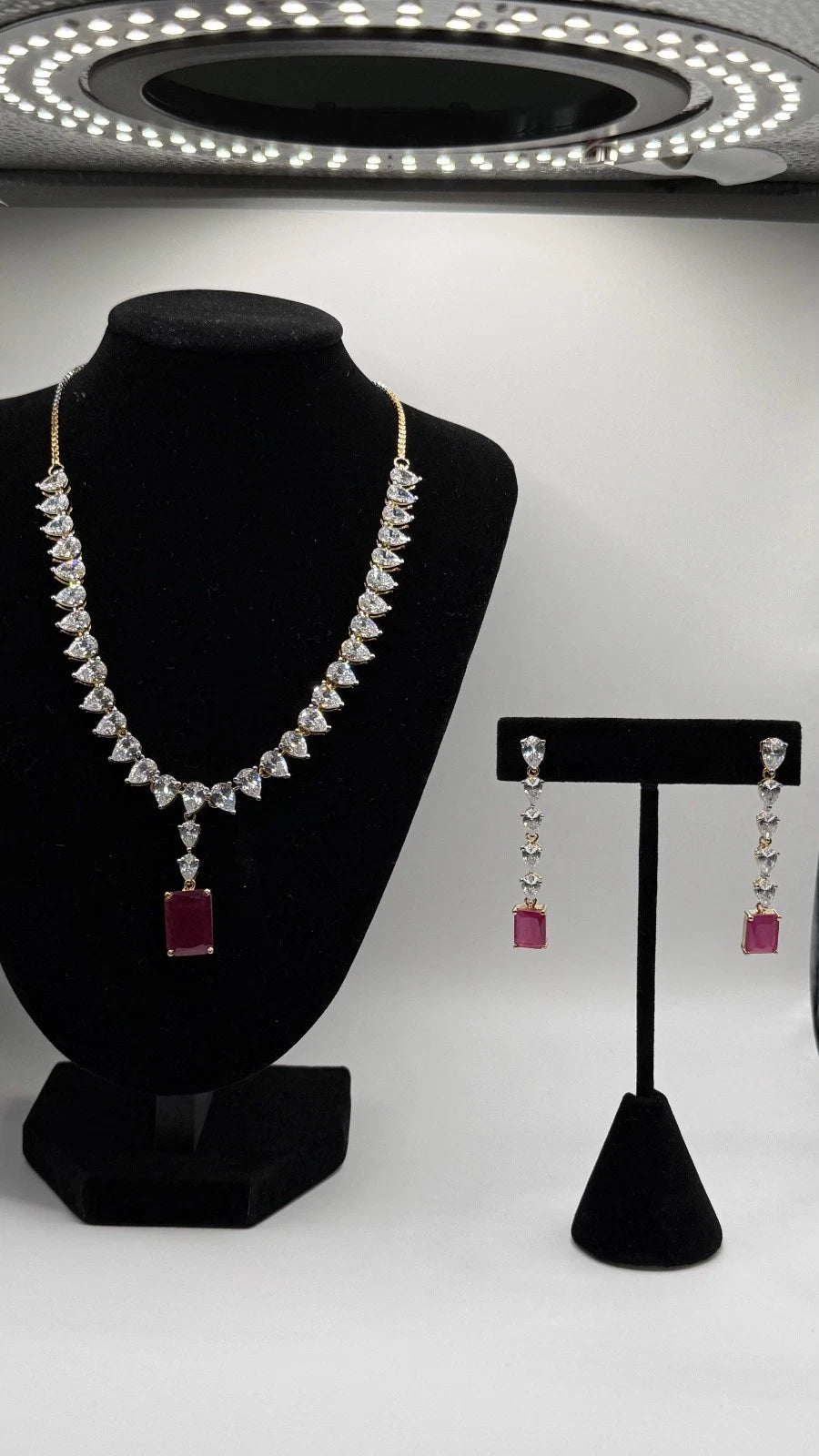Ruby Red CZ Necklace Set with Matching Drop Earrings | Elegant Bridal Jewelry |