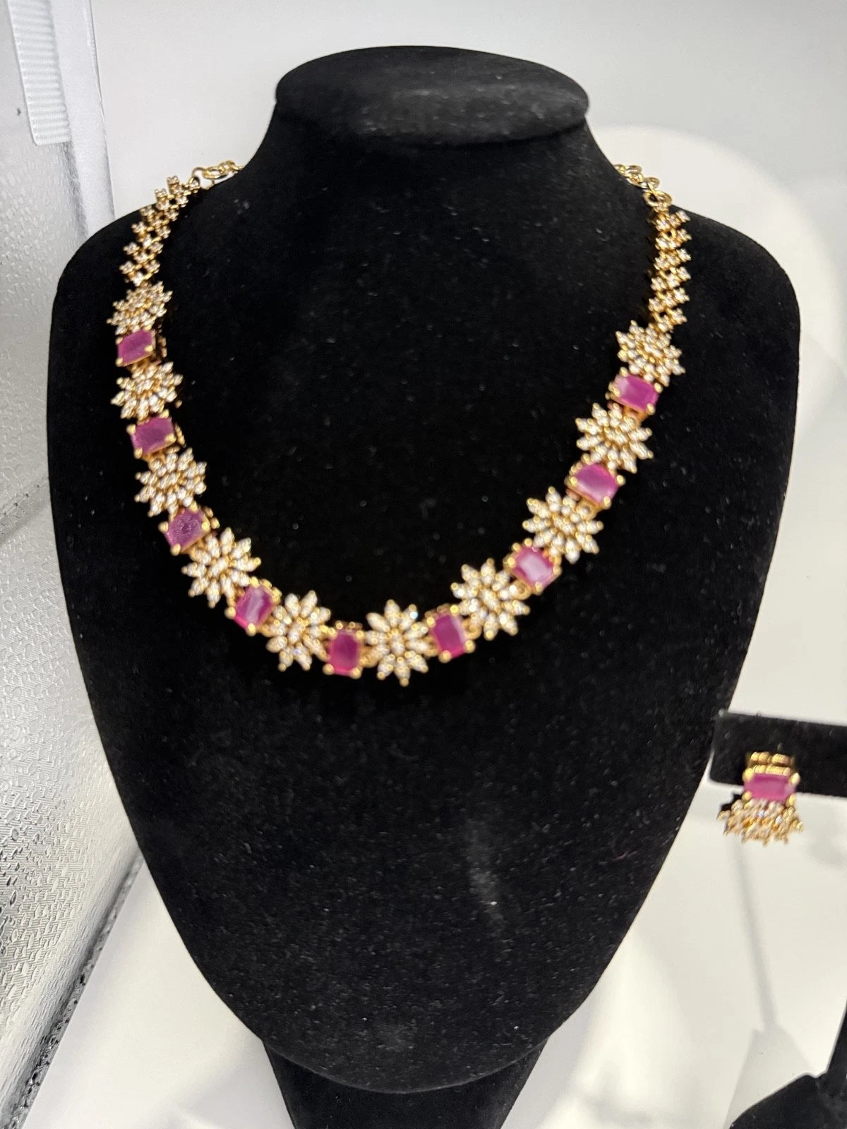 Elegant Pink Crystal Necklace & Earrings Set