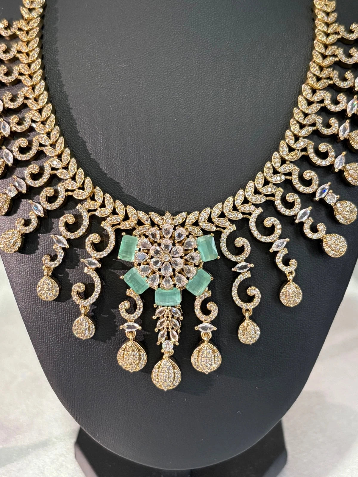 Gold Tone Mint Green CZ Necklace Earrings Set Indian Pakistani Bridal Jewelry