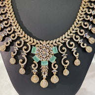 Gold Tone Mint Green CZ Necklace Earrings Set Indian Pakistani Bridal Jewelry