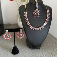 Pink CZ Gold Tone Necklace Earrings Tikka Set Indian Pakistani Bridal Jewelry