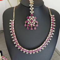 Pink CZ Gold Tone Necklace Earrings Tikka Set Indian Pakistani Bridal Jewelry