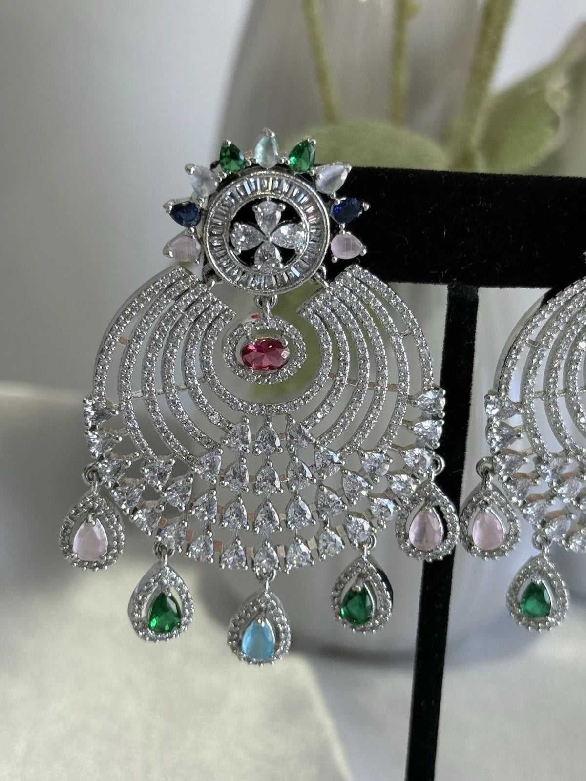 Multicolor CZ Chandbali Earrings Silver Tone Pakistani Indian Jewelry