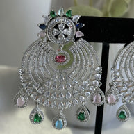 Multicolor CZ Chandbali Earrings Silver Tone Pakistani Indian Jewelry