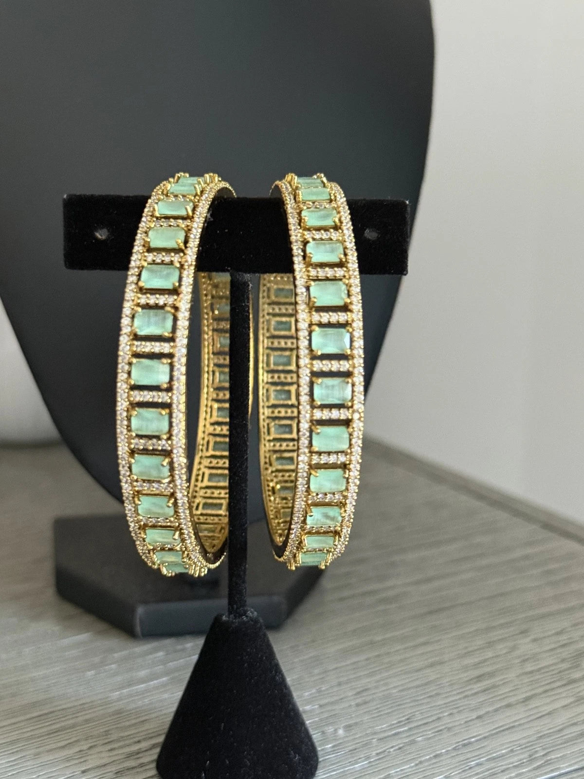 Mint Green CZ Gold Tone Bangle Bracelet Set of 2 Indian Pakistani Jewelry 2.10