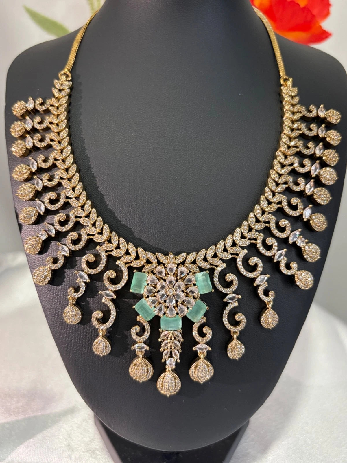 Gold Tone Mint Green CZ Necklace Earrings Set Indian Pakistani Bridal Jewelry