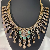 Gold Tone Mint Green CZ Necklace Earrings Set Indian Pakistani Bridal Jewelry