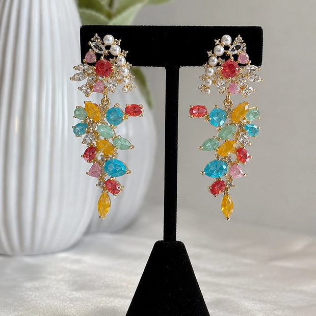 Multicolor Pearl CZ Gold Tone Drop Earrings Pakistani Indian Statement Jewelry