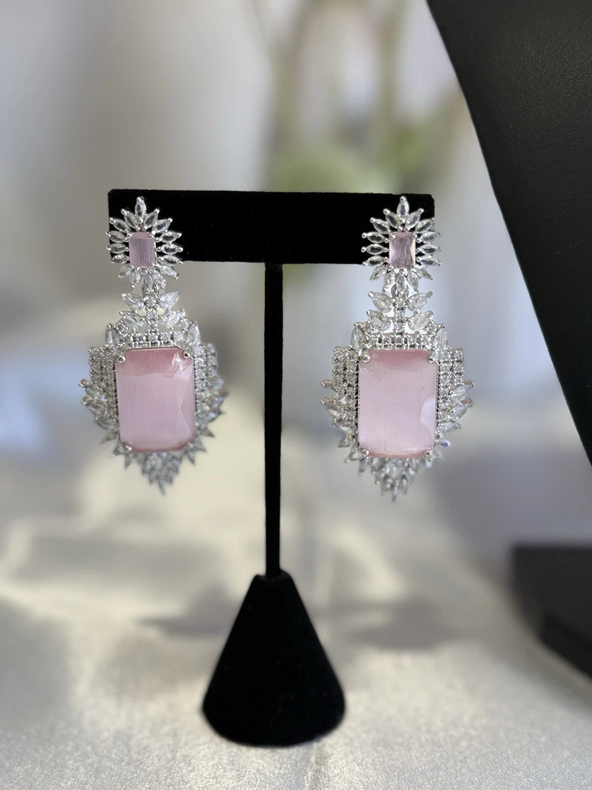 Pink CZ Necklace Earrings Tikka Set Silver Tone Pakistani Indian Jewelry