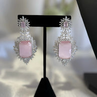 Pink CZ Necklace Earrings Tikka Set Silver Tone Pakistani Indian Jewelry