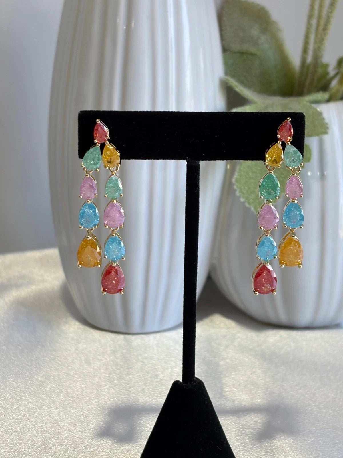 Multicolor Teardrop Gold Tone Dangle Earrings Pakistani Indian Jewelry