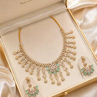 Gold Tone Mint Green CZ Necklace Earrings Set Indian Pakistani Bridal Jewelry