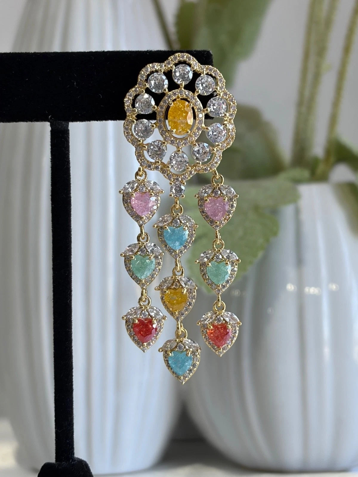 Multicolor Heart CZ Gold Tone Chandelier Earrings Pakistani Indian Jewelry