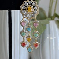 Multicolor Heart CZ Gold Tone Chandelier Earrings Pakistani Indian Jewelry