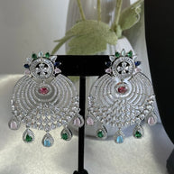 Multicolor CZ Chandbali Earrings Silver Tone Pakistani Indian Jewelry