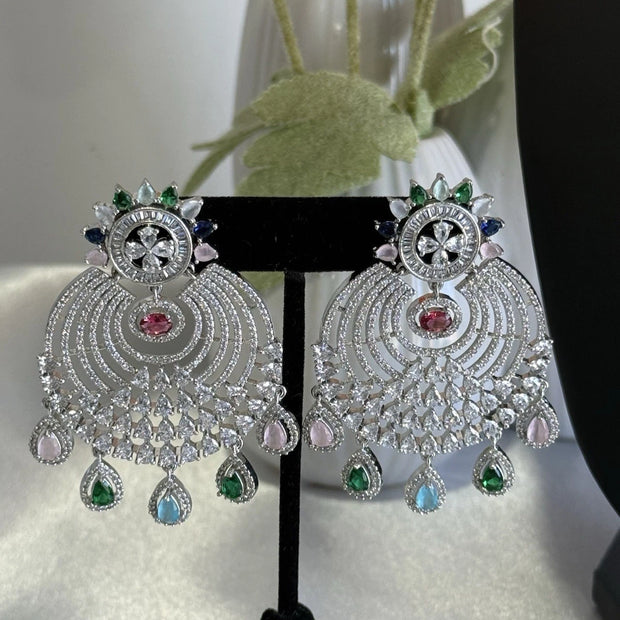 Multicolor CZ Chandbali Earrings Silver Tone Pakistani Indian Jewelry
