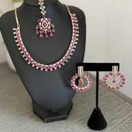 Pink CZ Gold Tone Necklace Earrings Tikka Set Indian Pakistani Bridal Jewelry