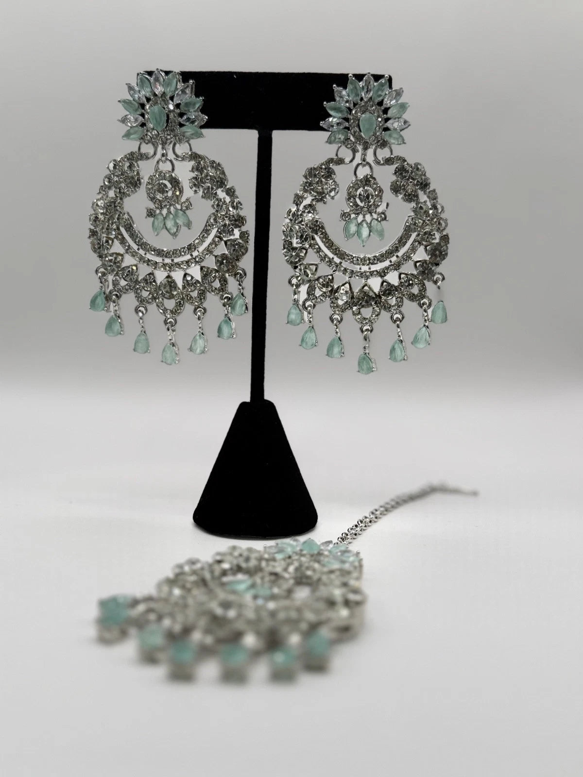 Mint Green Crystal Chandbali Earrings and Tikka