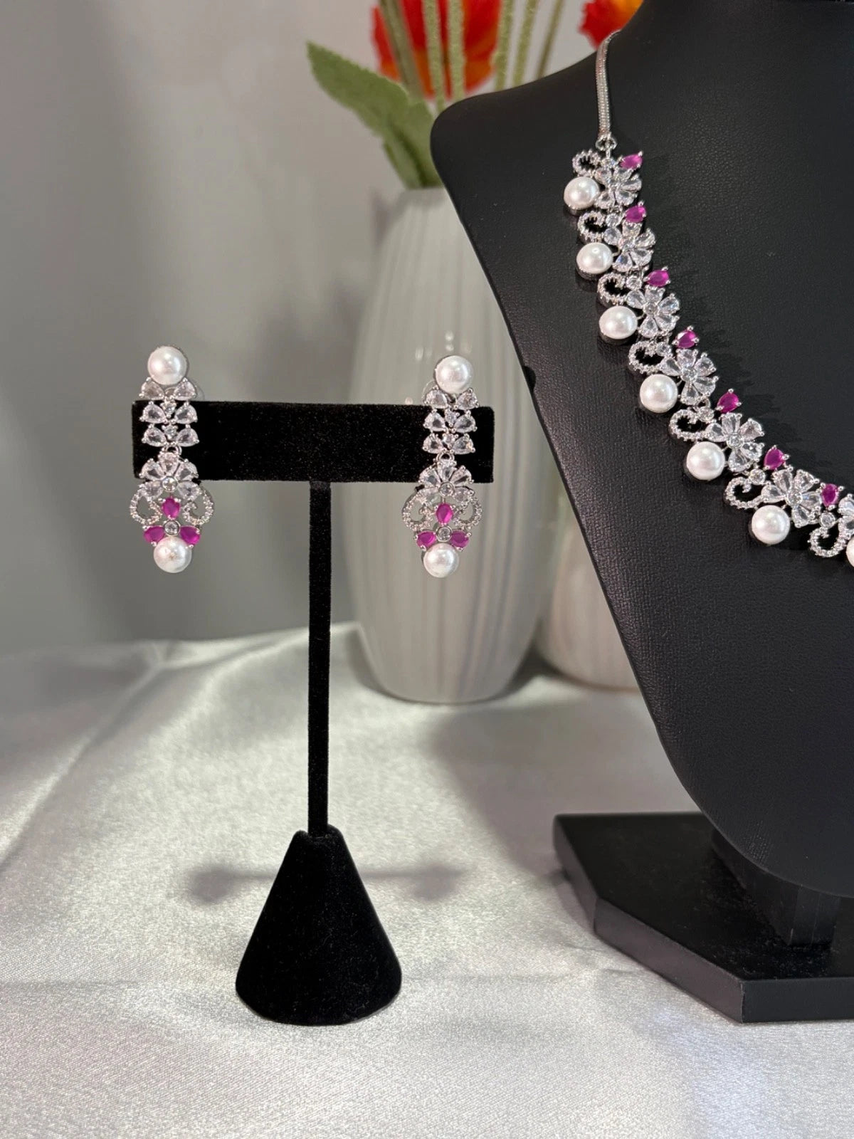 Pink Pearl CZ Silver Tone Necklace Earrings Set Indian Pakistani Bridal Jewelry
