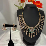Gold Tone Mint Green CZ Necklace Earrings Set Indian Pakistani Bridal Jewelry
