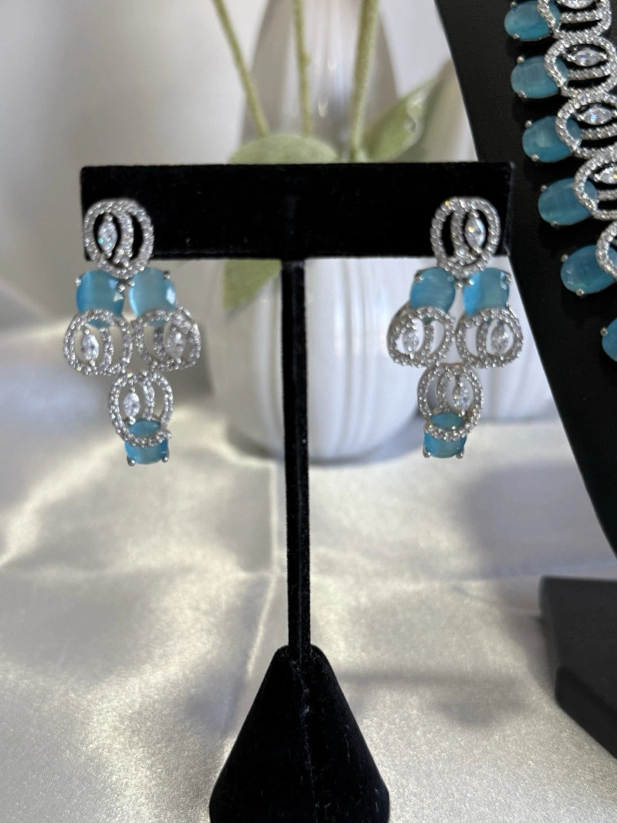 Aqua Blue CZ Necklace Earrings Tikka Set Silver Tone Pakistani Jewelry