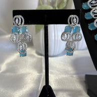 Aqua Blue CZ Necklace Earrings Tikka Set Silver Tone Pakistani Jewelry