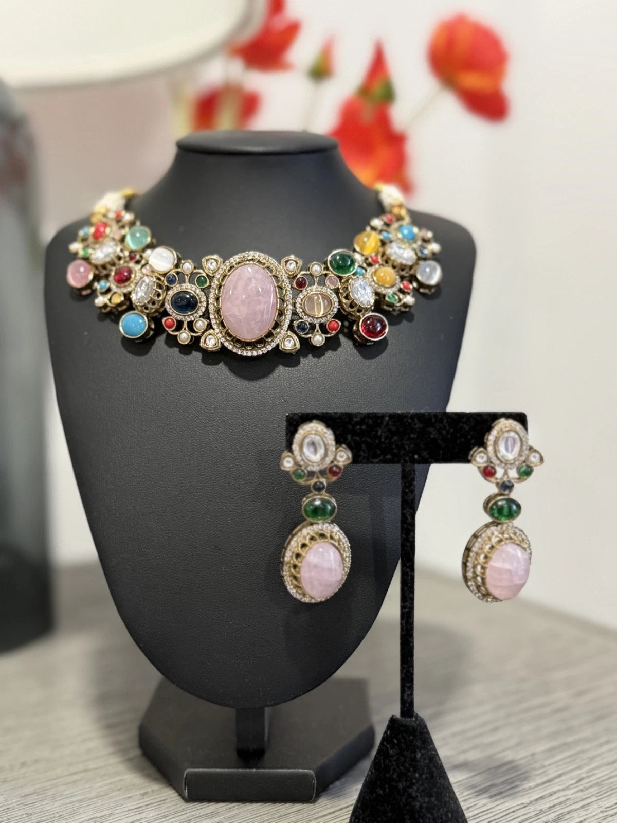 Sabyasachi Inspired Necklace Earrings Set | Pink Stone Multicolor Gem Bridal Jew