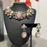 Sabyasachi Inspired Necklace Earrings Set | Pink Stone Multicolor Gem Bridal Jew
