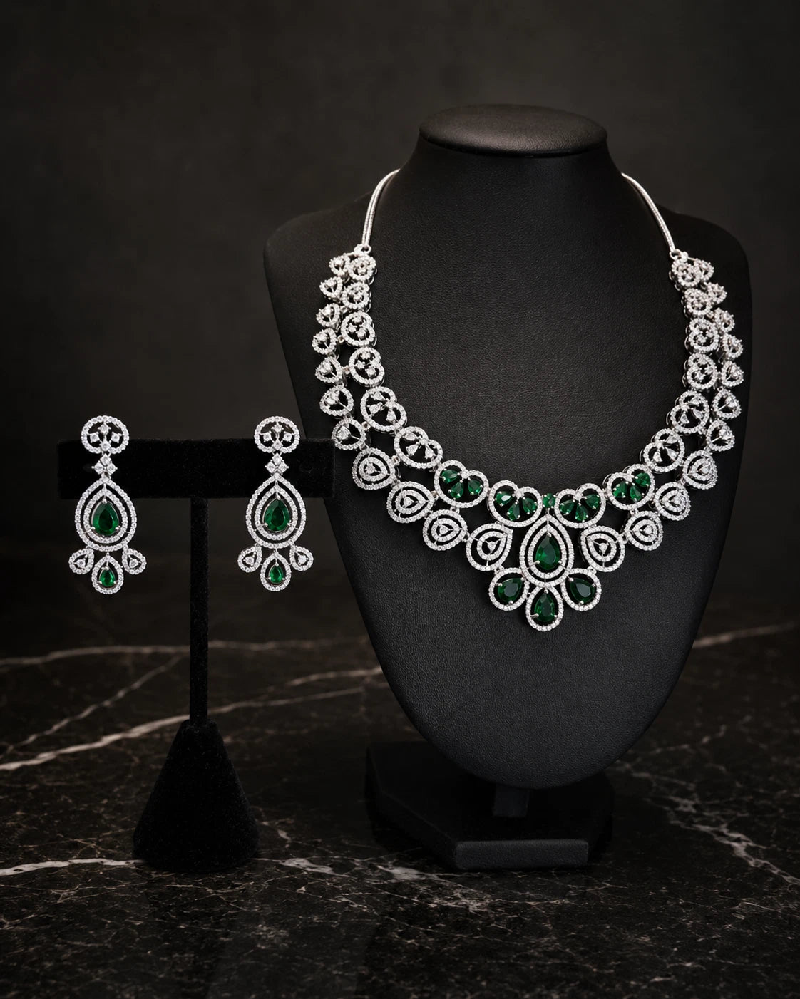Emerald green and clear CZ-style necklace set