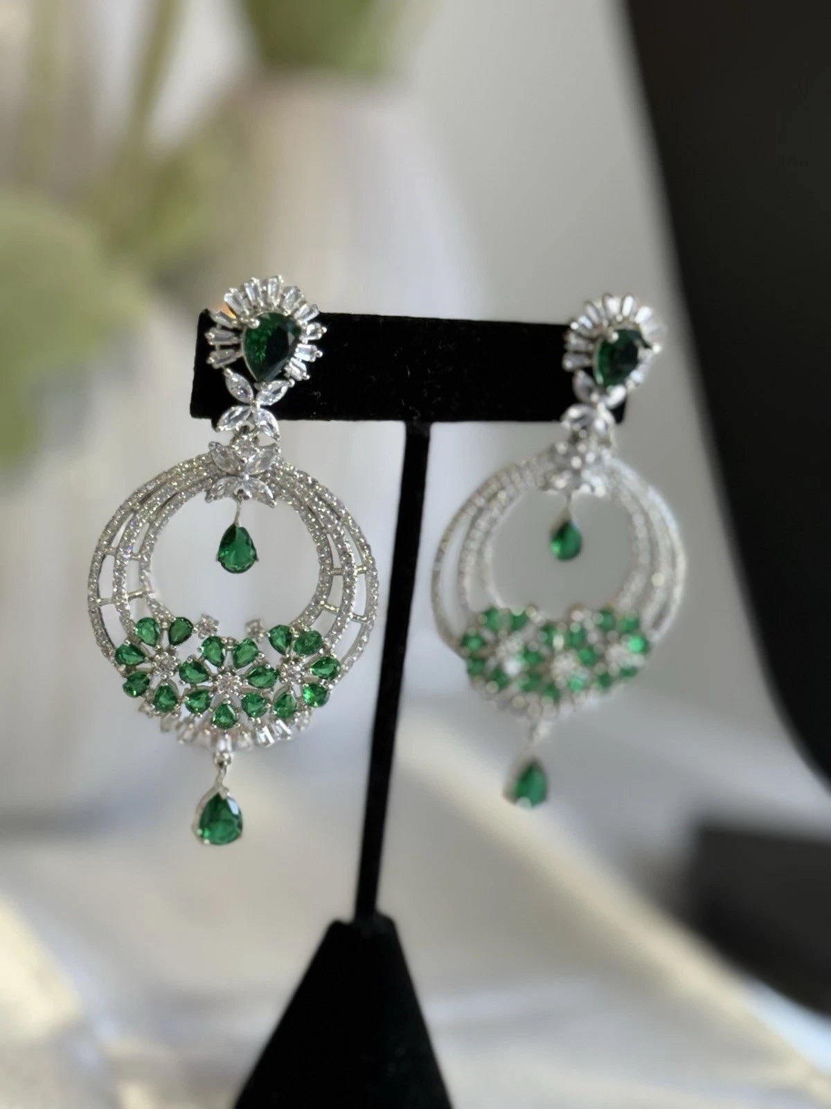 Emerald Green CZ Chandbali Earrings Silver Tone Pakistani Jewelry