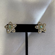 Mint Green CZ Flower Stud Earrings Gold Tone Party Jewelry