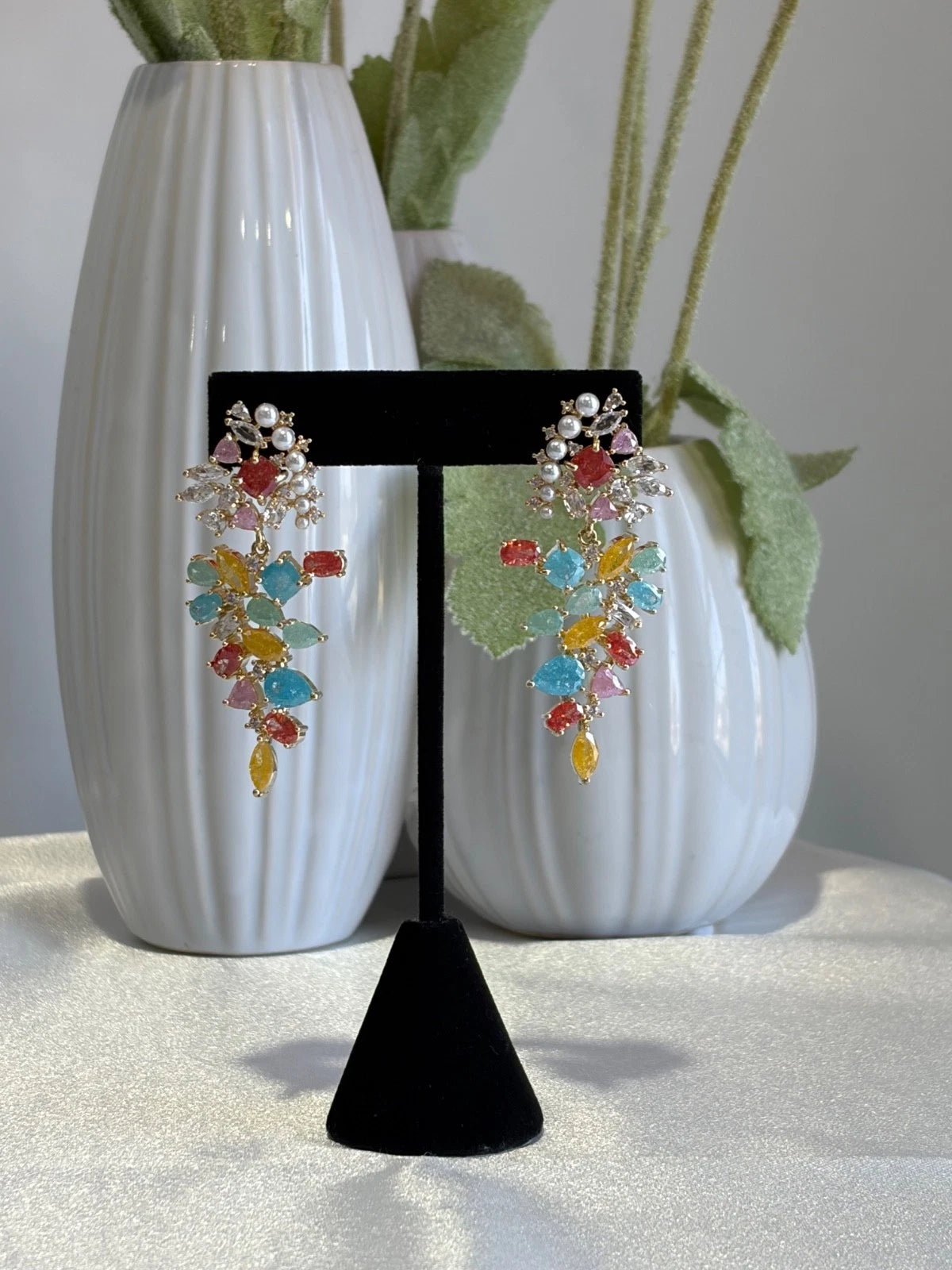 Multicolor Pearl CZ Gold Tone Drop Earrings Pakistani Indian Statement Jewelry