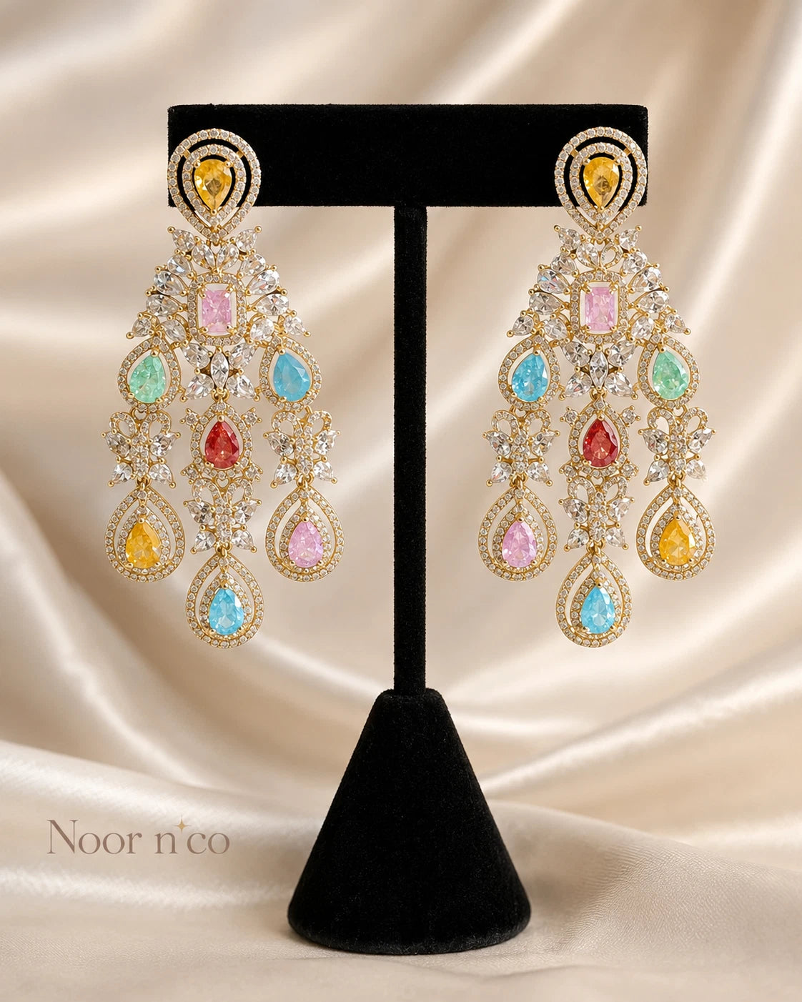 Multicolor CZ Gold Tone Chandelier Earrings Pakistani Indian Bridal Jewelry