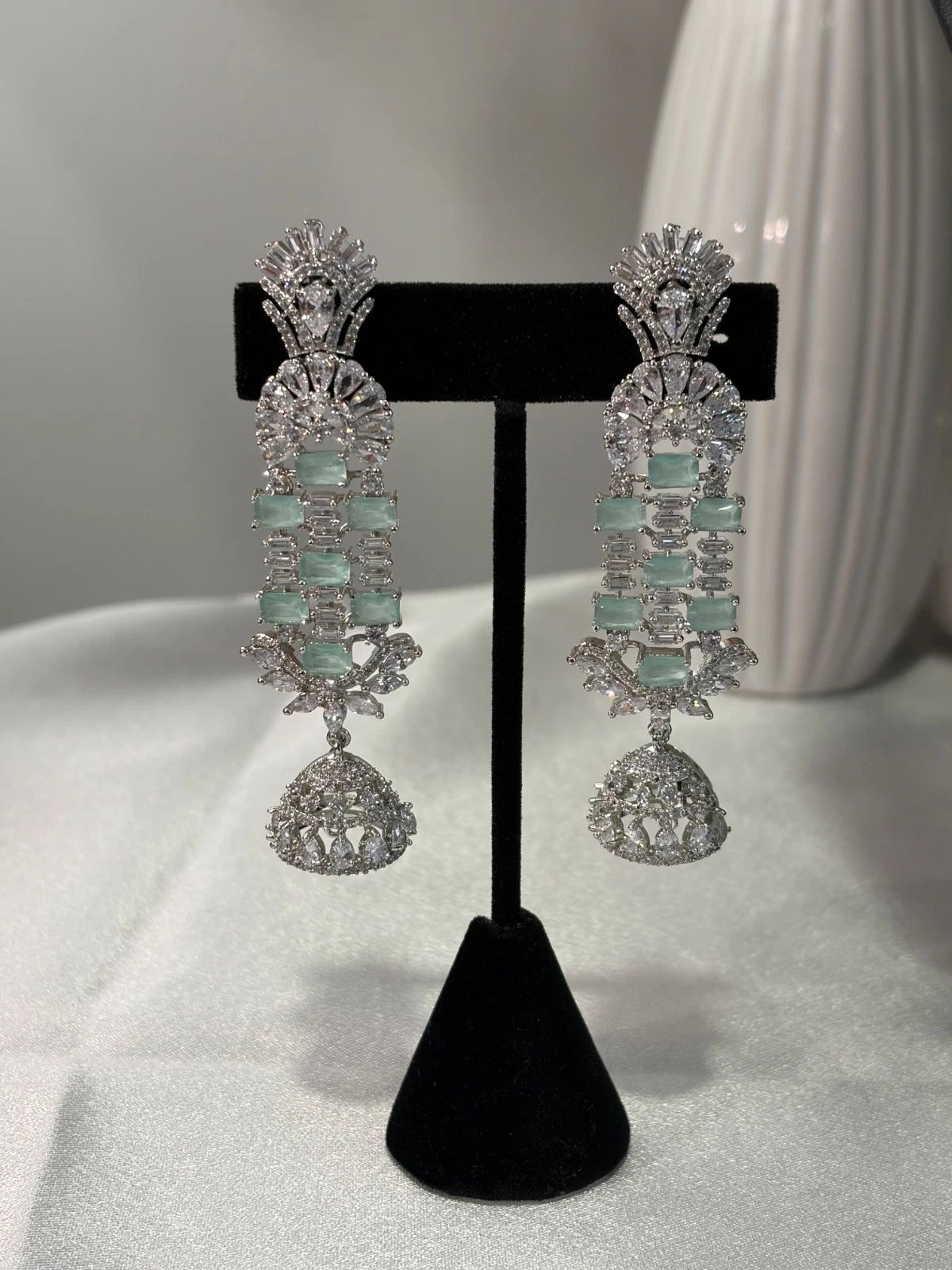 Mint Green CZ Silver Tone Chandelier Jhumka Earrings Pakistani Indian Jewelry