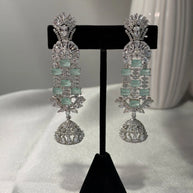 Mint Green CZ Silver Tone Chandelier Jhumka Earrings Pakistani Indian Jewelry