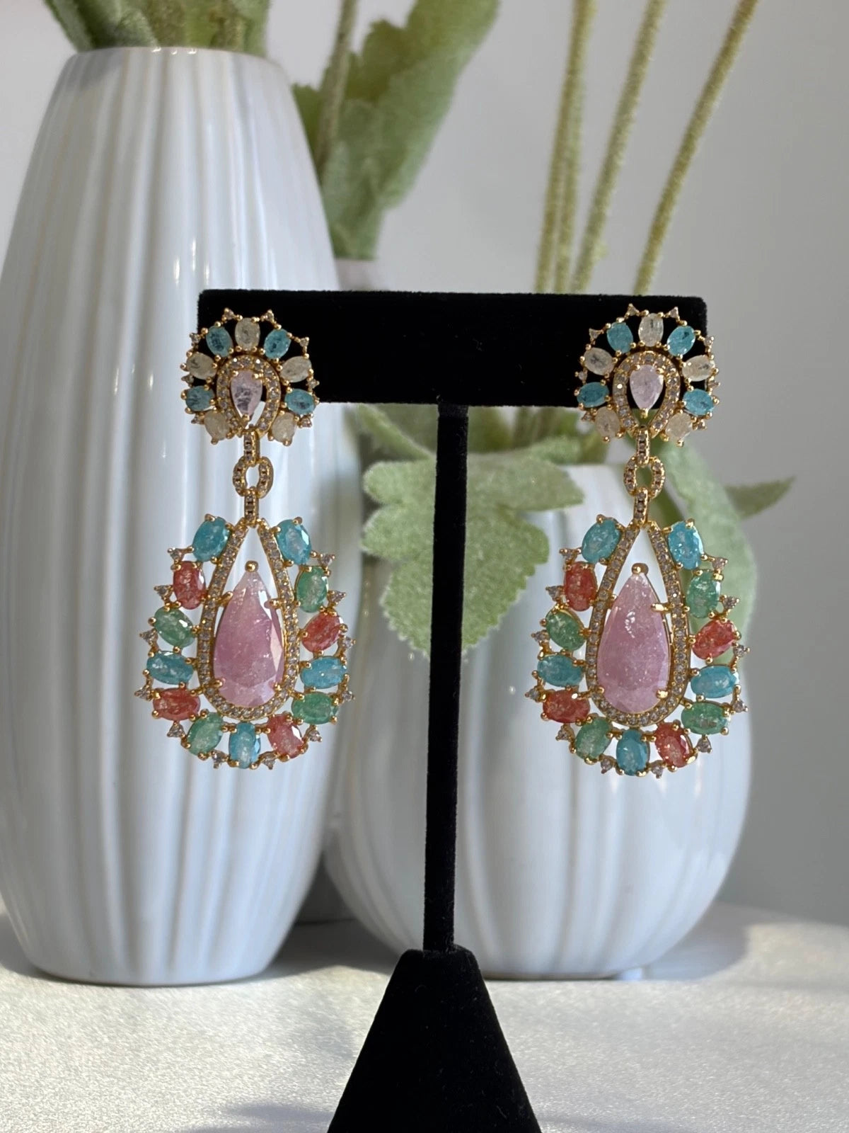 Pastel Multicolor CZ Gold Tone Teardrop Earrings Pakistani Indian Jewelry