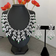 Emerald Green CZ Crystal Silver Necklace Earrings Set Indian Bridal Jewelry