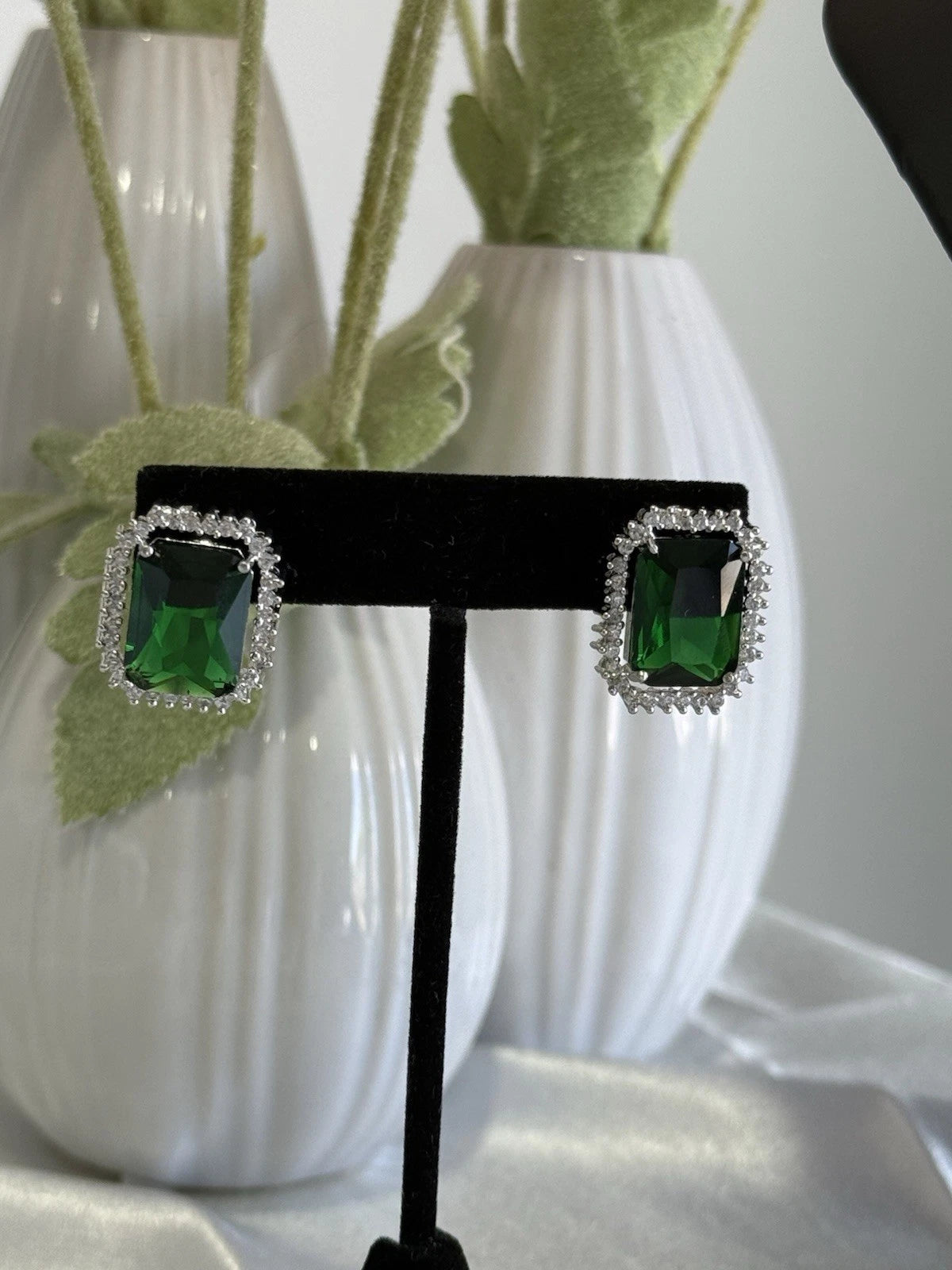 Emerald Green CZ Rectangle Stud Earrings Silver Tone Party Jewelry