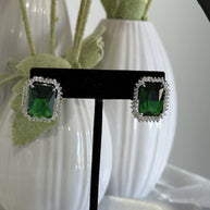 Emerald Green CZ Rectangle Stud Earrings Silver Tone Party Jewelry