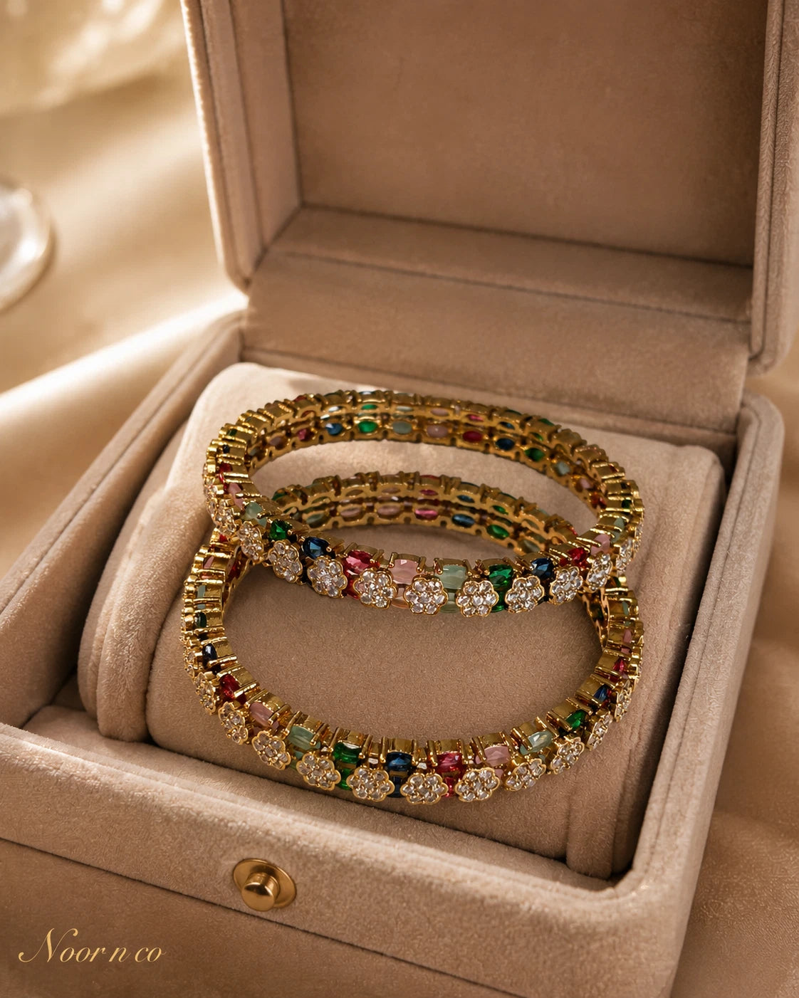 Multicolor CZ Flower Gold Tone Bangle Set Size 2.10 Indian Pakistani Jewelry
