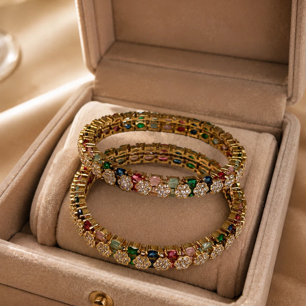 Multicolor CZ Flower Gold Tone Bangle Set Size 2.10 Indian Pakistani Jewelry