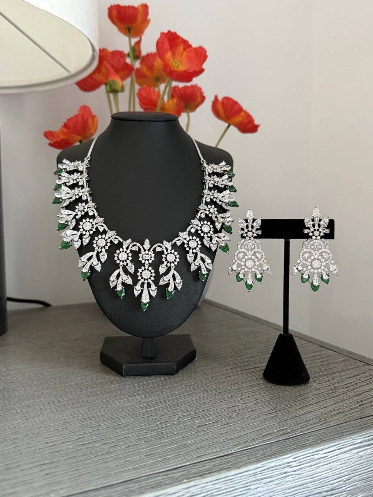 Emerald Green CZ Crystal Silver Necklace Earrings Set Indian Bridal Jewelry