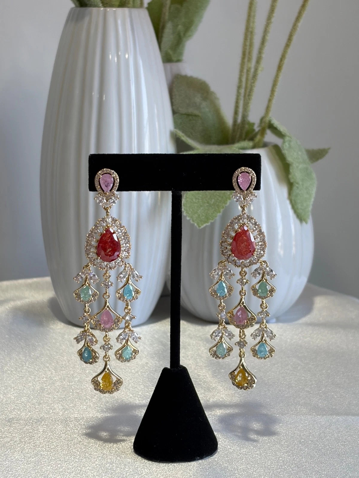 Multicolor CZ Gold Tone Chandelier Earrings Pakistani Indian Bridal Jewelry