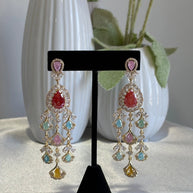Multicolor CZ Gold Tone Chandelier Earrings Pakistani Indian Bridal Jewelry