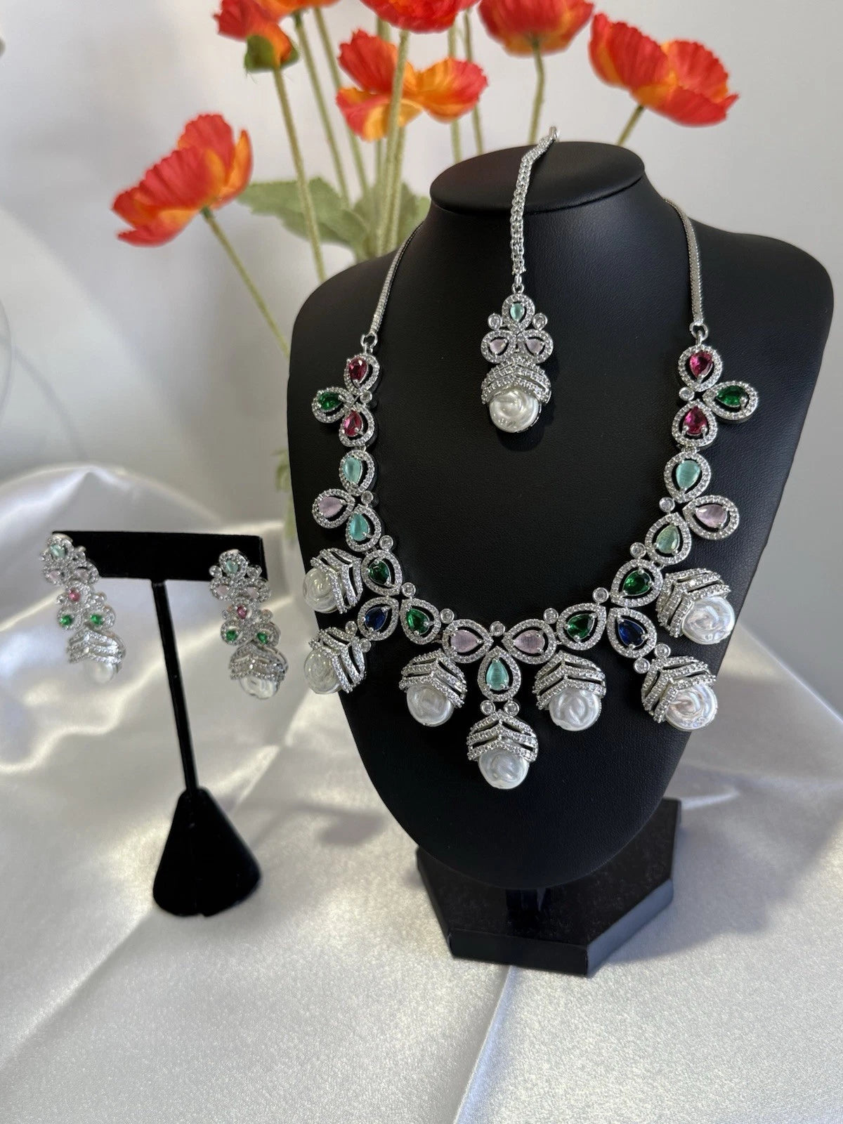 Multicolor CZ Pearl Necklace Earrings Tikka Set Silver Tone Jewelry