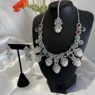 Multicolor CZ Pearl Necklace Earrings Tikka Set Silver Tone Jewelry