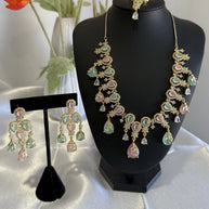 Pastel Pink Mint Gold Tone Necklace Earrings Tikka Pakistani Jewelry Set