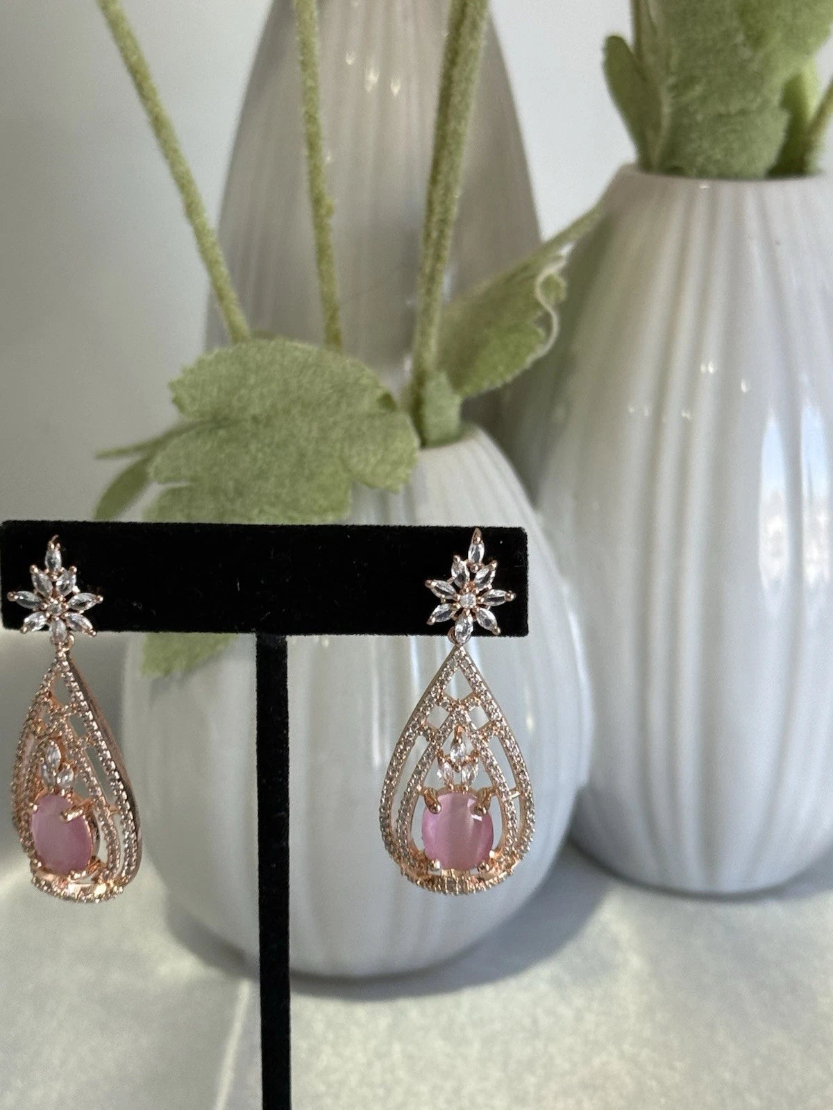 Baby Pink CZ Teardrop Earrings Rose Gold Tone Party Jewelry